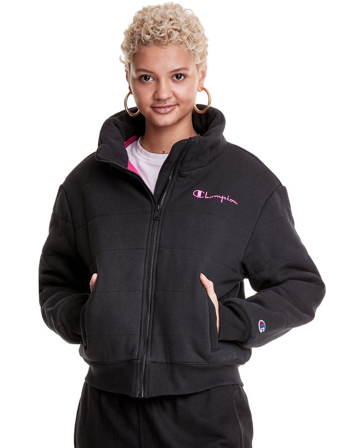 Champion Womens Jackets NZ - Reverse Weave Quilted Puffer Black ( 5347-RWHZK )